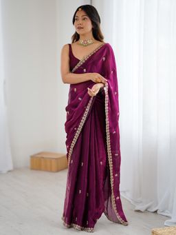 Akhilam - Magenta Embellished Saree with Unstitched Blouse