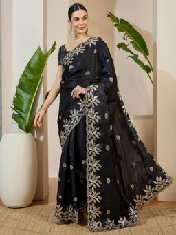 Akhilam - Black Embellished Saree with Unstitched Blouse