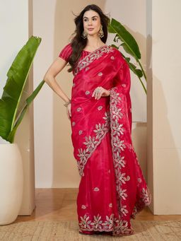 Akhilam - Pink Embellished Saree with Unstitched Blouse