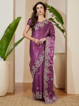 Akhilam - Purple Embellished Saree with Unstitched Blouse