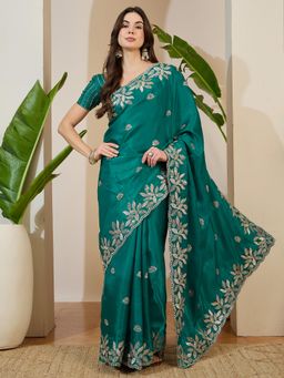 Akhilam - Teal Embellished Saree with Unstitched Blouse