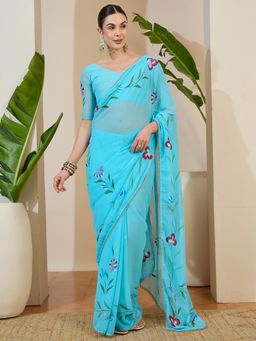 Akhilam - Blue Floral Saree with Unstitched Blouse