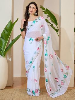 Akhilam - White Floral Saree with Unstitched Blouse