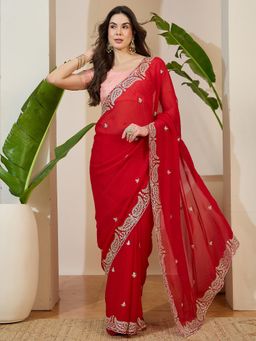 Akhilam - Red Lace Work Embroidered Saree with Unstitched Blouse