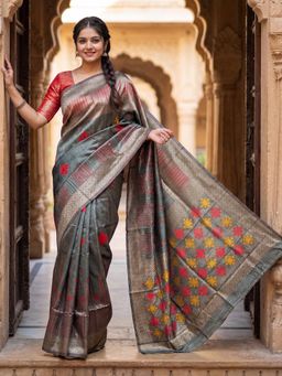 Akhilam - Grey Zari Woven Saree with Unstitched Blouse