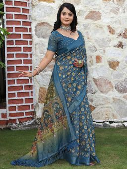Akhilam - Blue Floral Saree with Unstitched Blouse