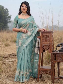 Akhilam - Blue Floral Saree with Unstitched Blouse