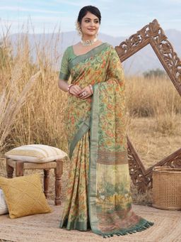 Akhilam - Green Floral Saree with Unstitched Blouse