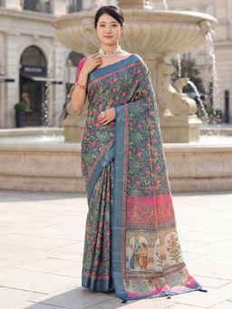 Akhilam - Blue Floral Saree with Unstitched Blouse