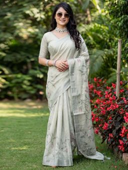 Akhilam - Off White Floral Saree with Unstitched Blouse