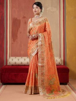 Akhilam - Orange Floral Saree with Unstitched Blouse