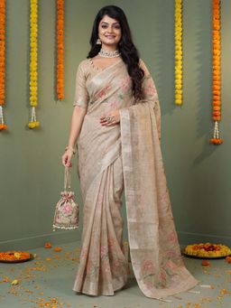 Akhilam - Beige Floral Saree with Unstitched Blouse