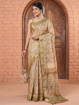 Akhilam - Cream Floral Saree with Unstitched Blouse