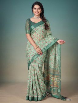 Akhilam - Green Floral Saree with Unstitched Blouse
