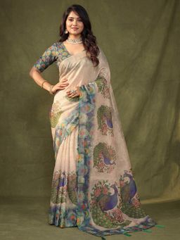 Akhilam - Beige Printed Saree with Unstitched Blouse