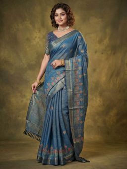 Akhilam - Blue Printed Saree with Unstitched Blouse