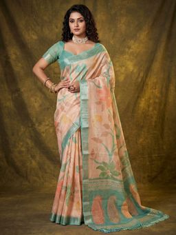 Akhilam - Peach Floral Saree with Unstitched Blouse