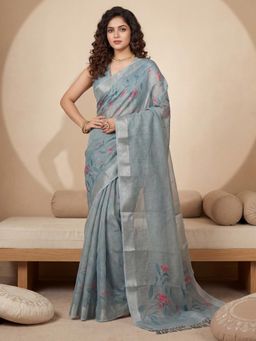 Akhilam - Grey Floral Saree with Unstitched Blouse