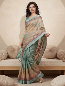 Akhilam - Green Floral Saree with Unstitched Blouse