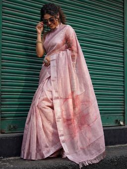 Akhilam - Pink Floral Saree with Unstitched Blouse