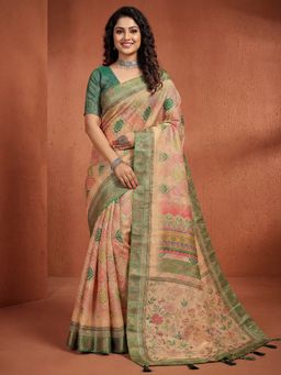 Akhilam - Cream Printed Saree with Unstitched Blouse
