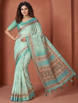 Akhilam - Turquoise Printed Saree with Unstitched Blouse