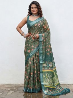 Akhilam - Green Printed Saree with Unstitched Blouse