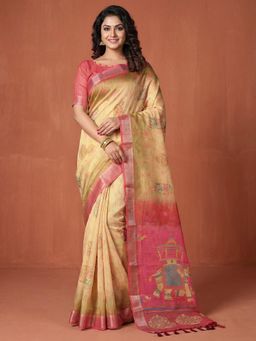 Akhilam - Yellow Printed Saree with Unstitched Blouse