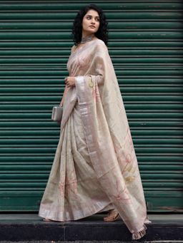 Akhilam - Beige Floral Saree with Unstitched Blouse