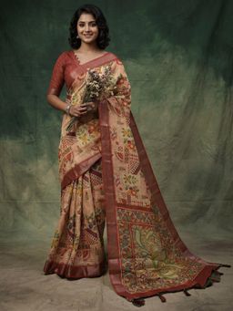 Akhilam - Peach Printed Saree with Unstitched Blouse