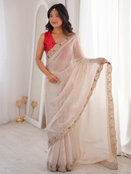 Akhilam - Off White Embellished Saree with Unstitched Blouse