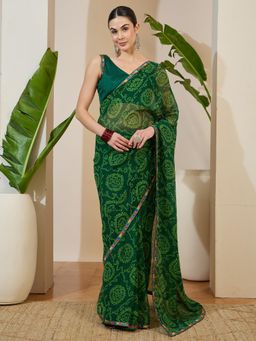 Akhilam - Green Printed Saree with Unstitched Blouse