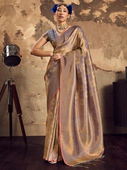 Akhilam - Beige Tassels Woven Saree with Unstitched Blouse