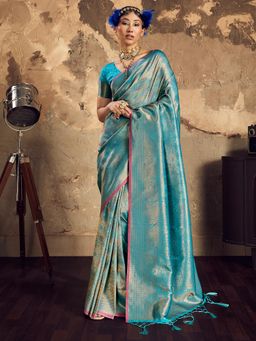 Akhilam - Blue Tassels Woven Saree with Unstitched Blouse