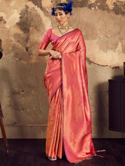 Akhilam - Peach Tassels Woven Saree with Unstitched Blouse