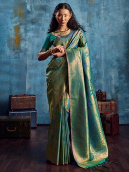 Akhilam - Teal Tassels Woven Saree with Unstitched Blouse