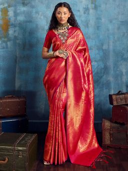 Akhilam - Red Tassels Woven Saree with Unstitched Blouse
