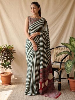 Akhilam - Green Stripes Saree with Unstitched Blouse
