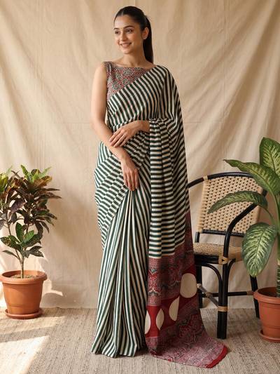 Green Stripes Saree with Unstitched Blouse