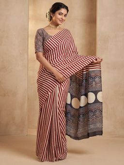 Akhilam - Red Stripes Saree with Unstitched Blouse