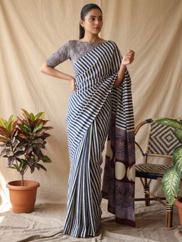 Akhilam - Blue Stripes Saree with Unstitched Blouse