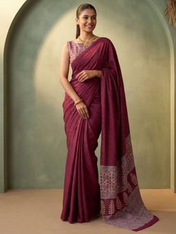 Akhilam - Burgundy Printed Saree with Unstitched Blouse