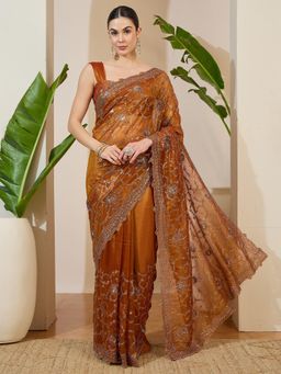 Akhilam - Bronze Embellished Saree with Unstitched Blouse