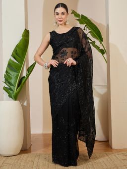 Akhilam - Black Embellished Saree with Unstitched Blouse