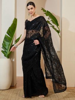 Akhilam - Black Embellished Saree with Unstitched Blouse