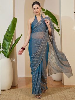 Akhilam - Teal Embellished Saree with Unstitched Blouse