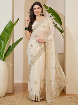Akhilam - Off White Lace Work Embroidered Saree with Unstitched Blouse