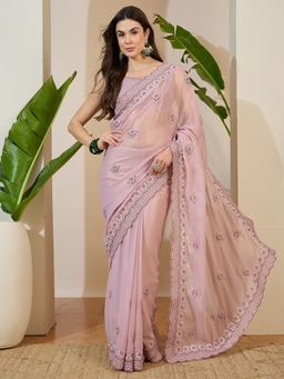 Akhilam - Pink Lace Work Embroidered Saree with Unstitched Blouse