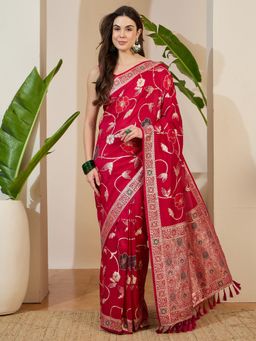 Akhilam - Red Floral Saree with Unstitched Blouse