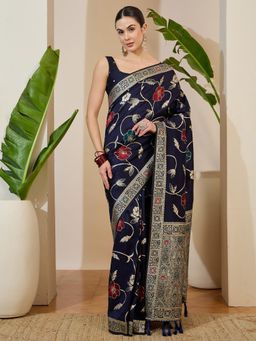 Akhilam - Navy Blue Floral Saree with Unstitched Blouse
